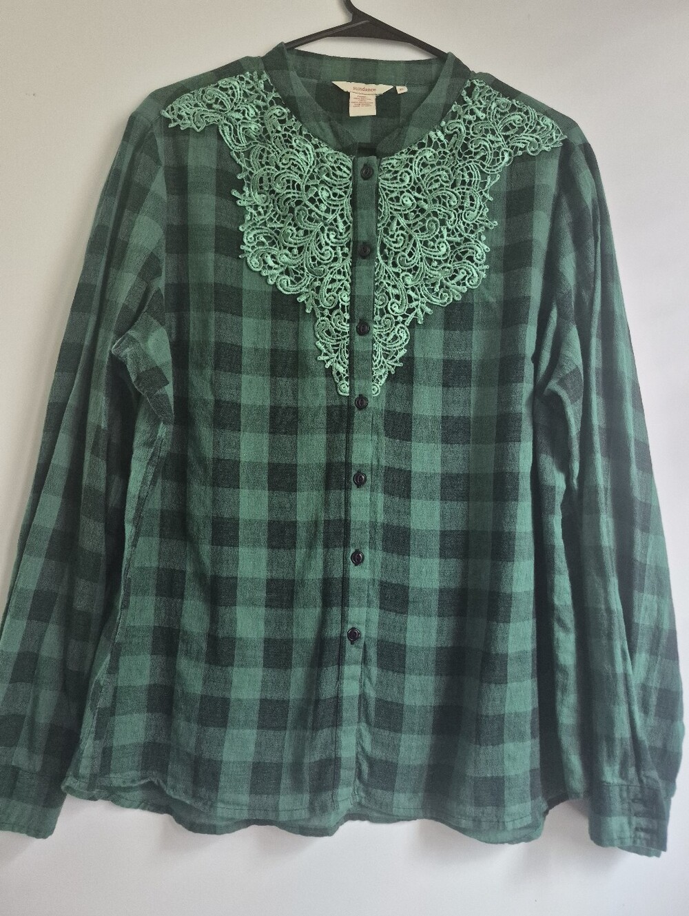 Sundance Green Buffalo Plaid Flannel Shirt XL Lace Bib Top Boho Cottagecore